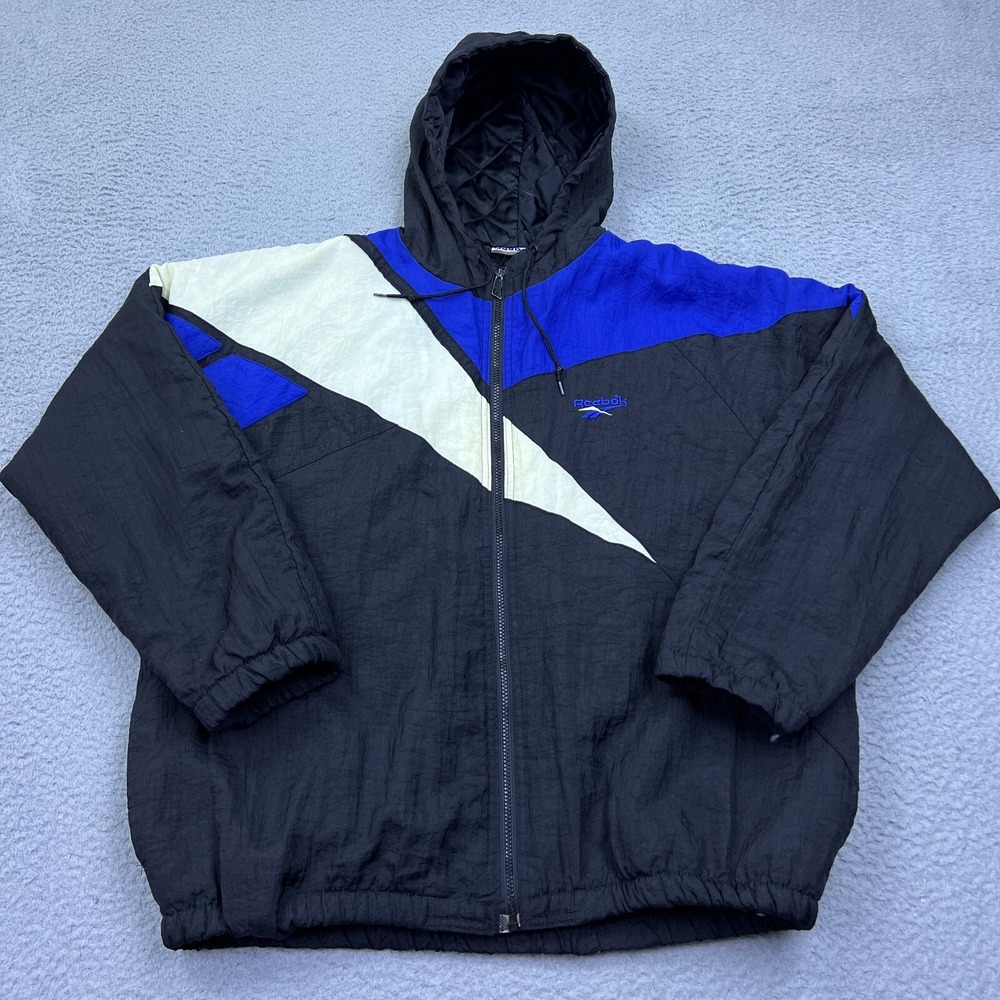 VTG 90s Reebok Zip Jacket Large Big Logo Shaq Windbreaker Hood Quilt Line Puffer